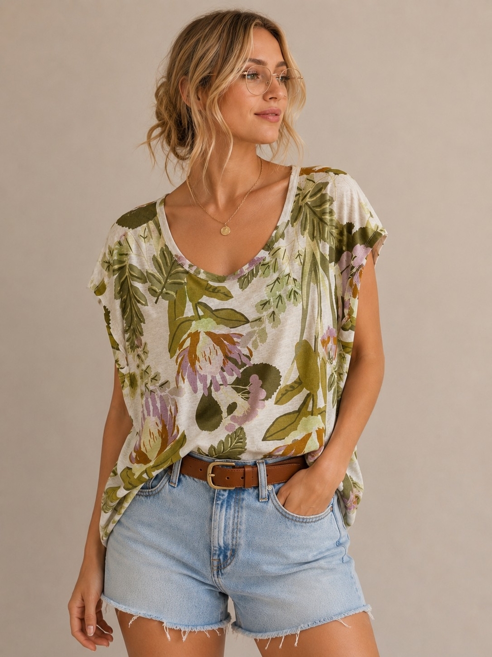 Boxy Linen Short Sleeve Tee | Swoop Neck | Size Medium